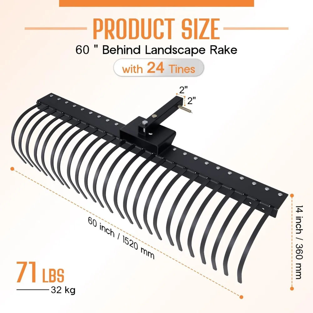 Landscape Rake For Tractor 3-Point Hitch With 24 Coil Tines