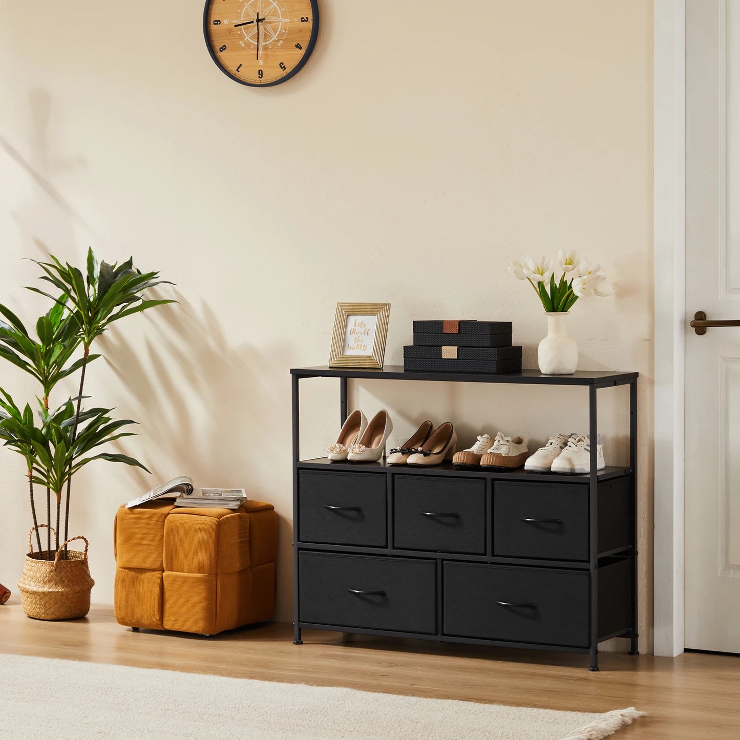 JHK Shoe Cabinet Dresser With 5 Fabric Drawers TV Stand