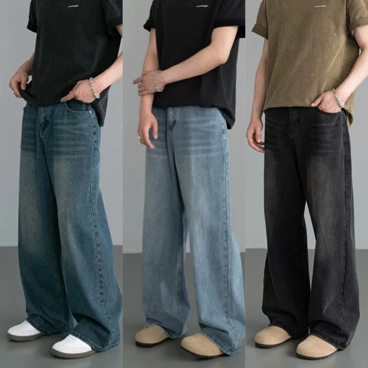 Men's Washed Denim Jeans With Loose Fit Wide Leg Trousers