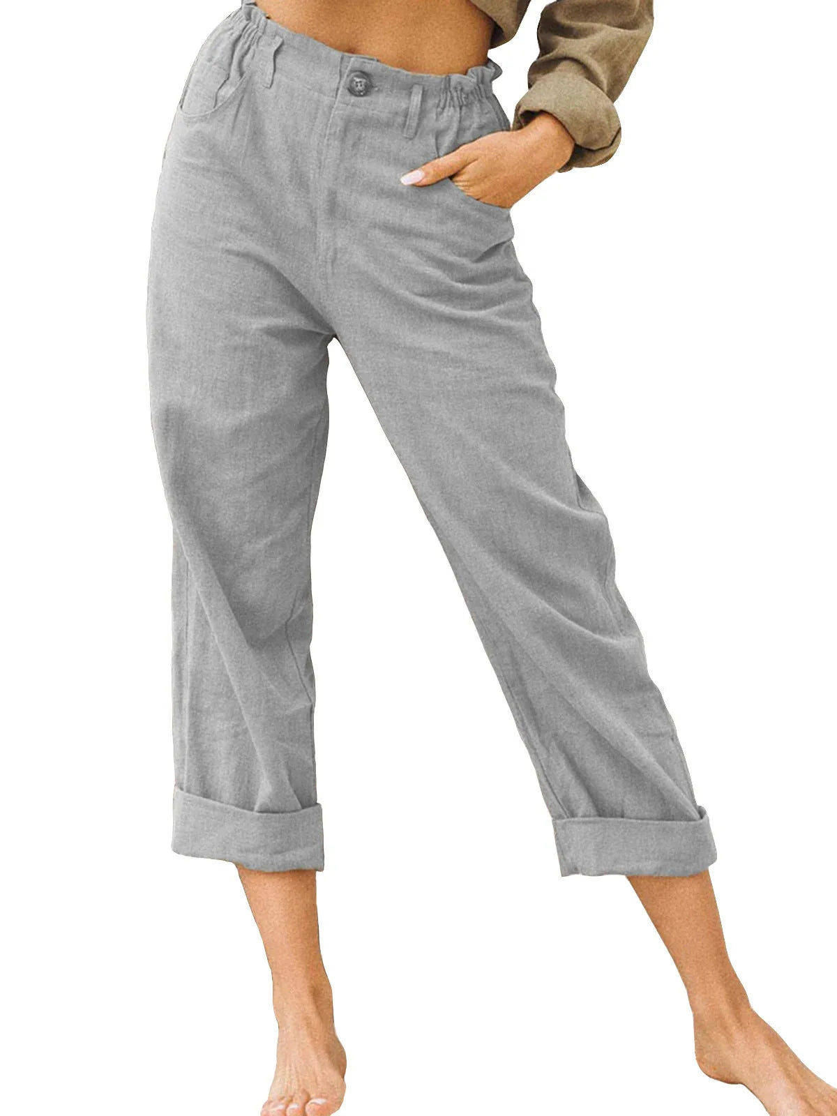 Guangdong Choice Cotton Linen Cropped Pants For Women, Casual Straight