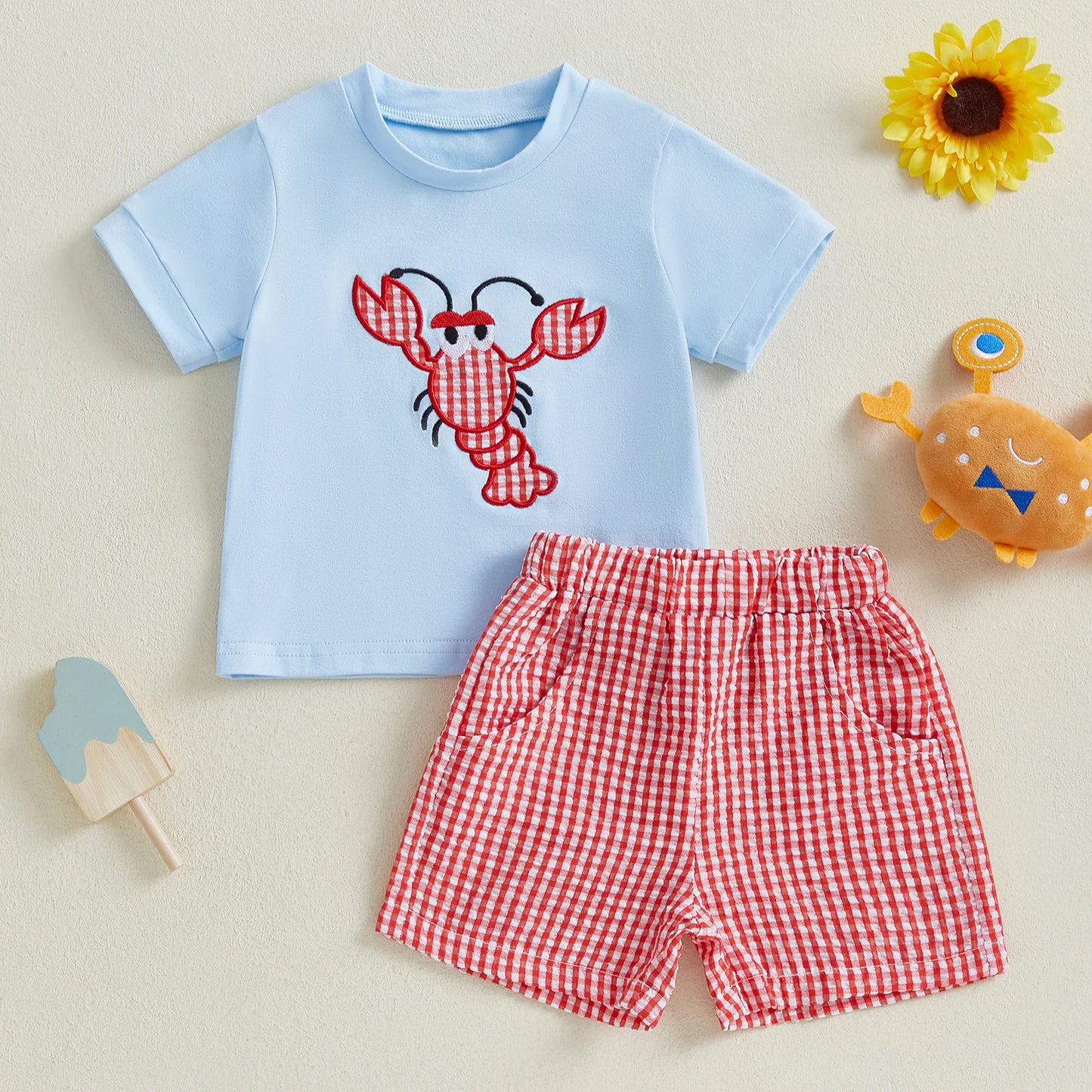 Toddler Boy Summer Outfit Set Embroidered Crab Lobster Plaid Shorts
