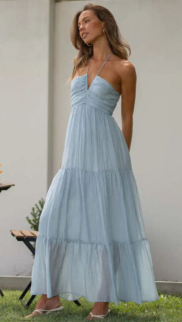 Others Sleeveless Chiffon High Waist V-Neck A-Line Midi Dress