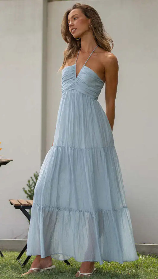 Others Sleeveless Chiffon High Waist V-Neck A-Line Midi Dress