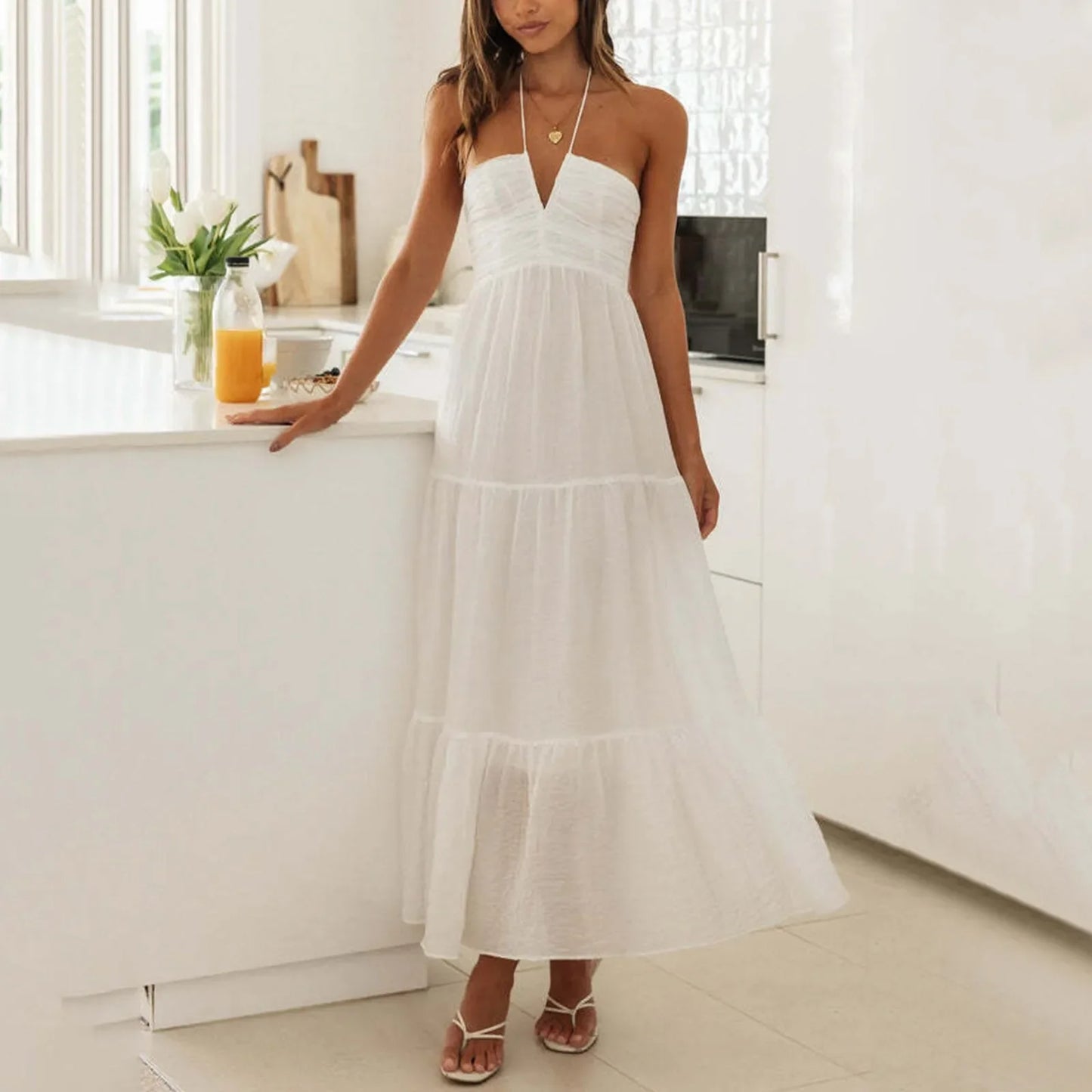 Women Summer Maxi Dress Spaghetti Strap V Neck Sleeveless Floor Length Vacation