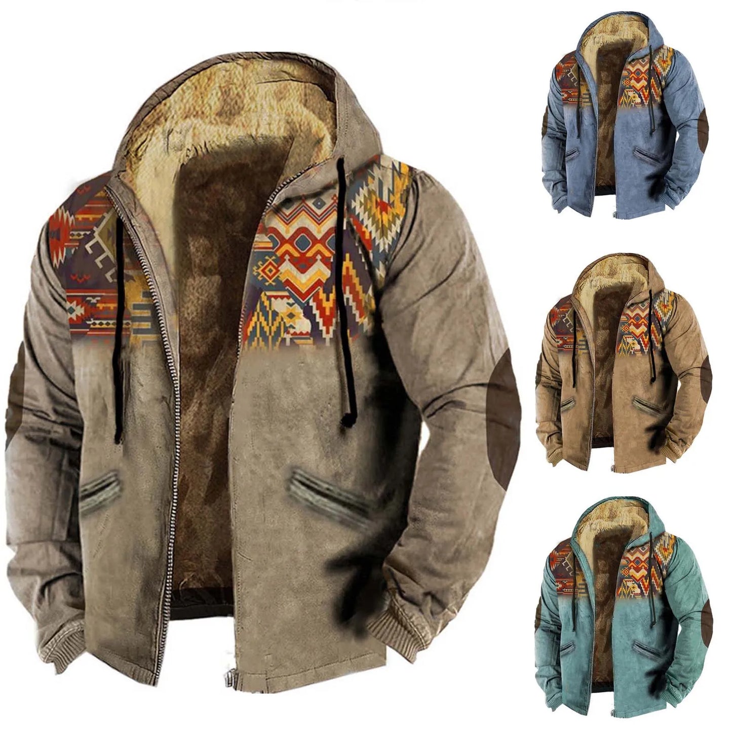Men's Vintage Lamb Wool Bomber Jacket With Hooded Zipper FleeceLinedThermalPlush