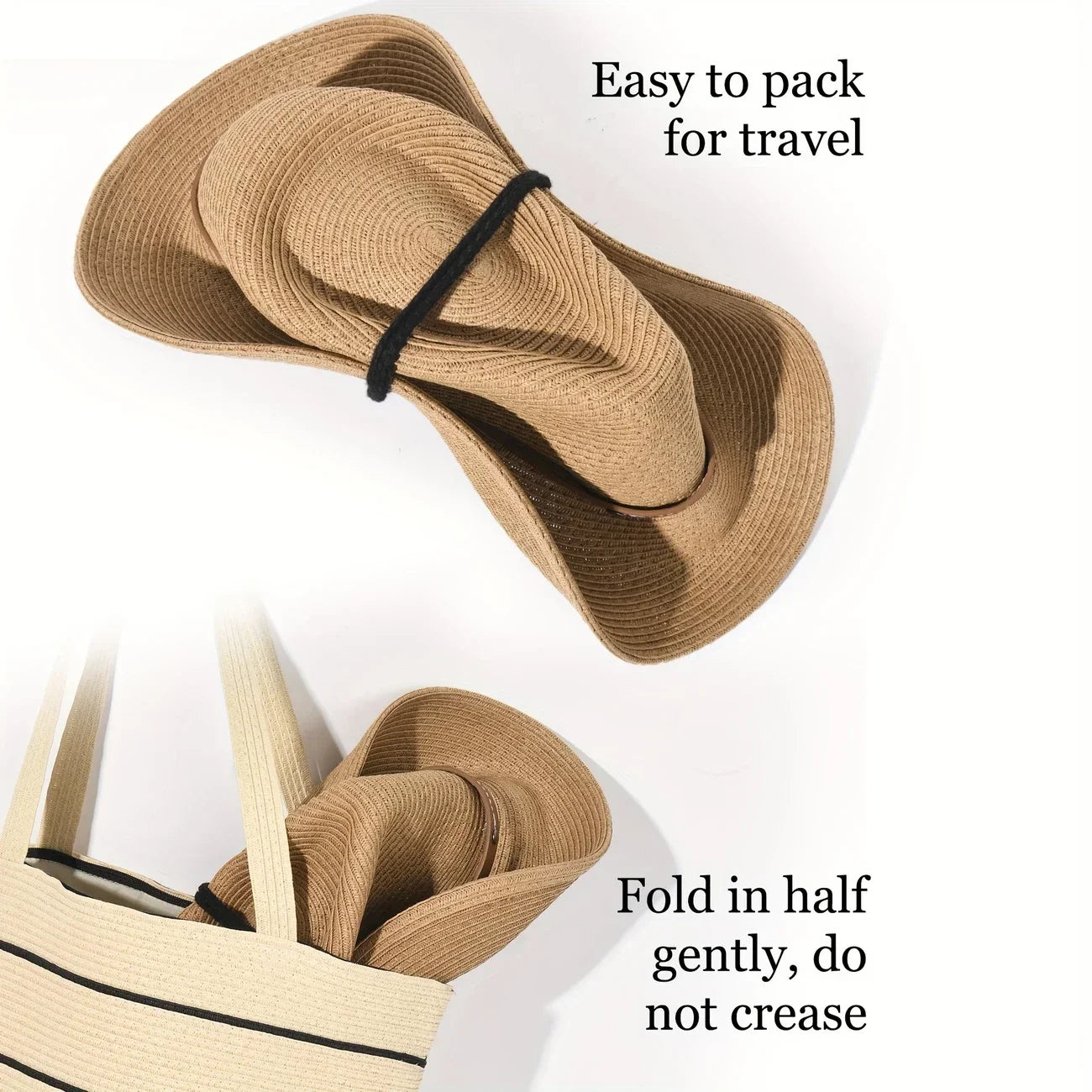 Wide Brim Straw Cowboy Hat Unisex Sun Protection Foldable Travel