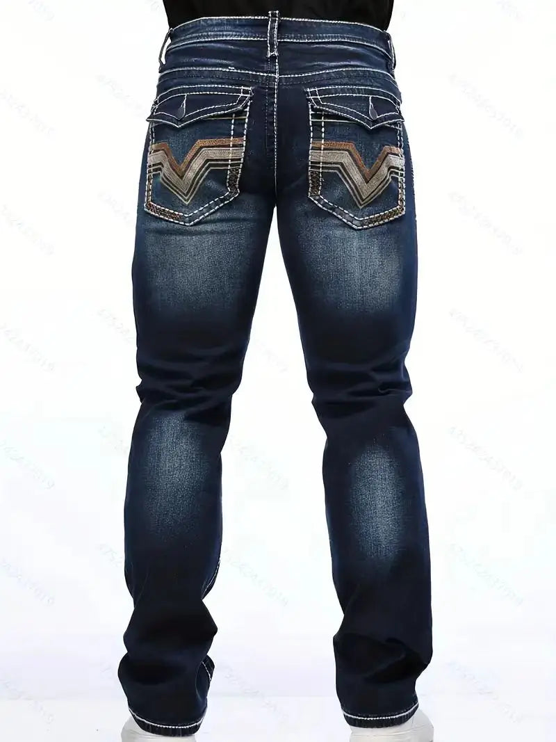 NONECN Men's Elastic Embroidered Casual Stretch Jeans
