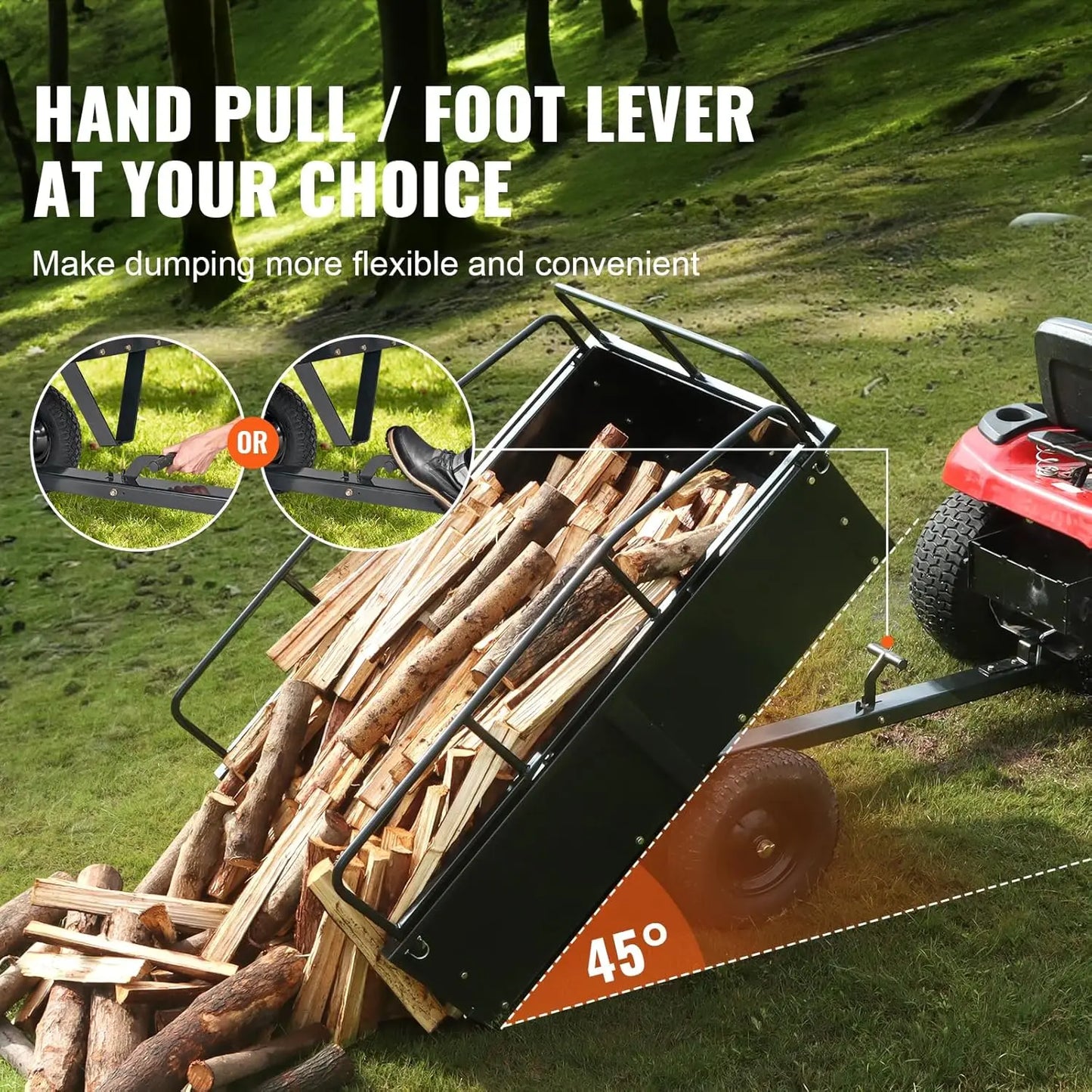 HeavyDutyATVDumpCart Capacity750Lb FifteenCuFt UtilityTrailer ForLawnMower TractorYardWork HaulReliable AllTerrain