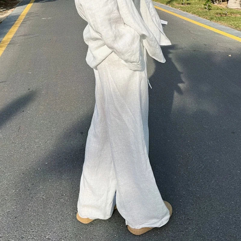 THTRUME CN Cotton Linen Baggy Pants High Waist Drawstring Women