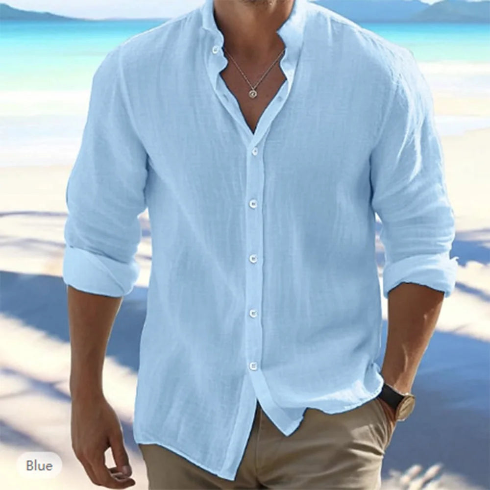 FURCW Cotton Linen Men's Sailor Collar Shirt Summer Beach Style