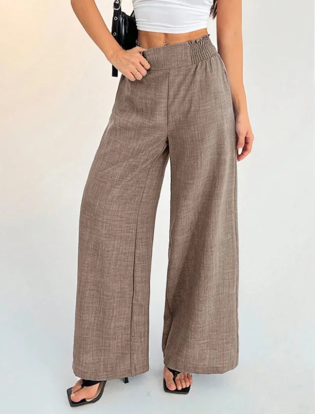 Womens Linen Blend High Waist Wide Leg Pants Smocked Waist