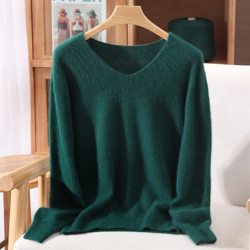 Mink Cashmere Women's V-Neck Knit Pullover Sweater