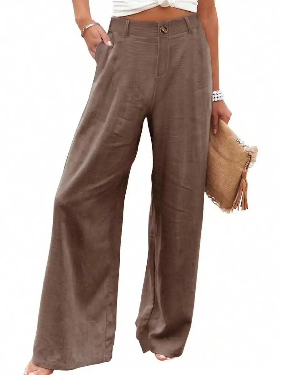 Womens Cotton Linen Wide Leg Trousers High Waist Button Up