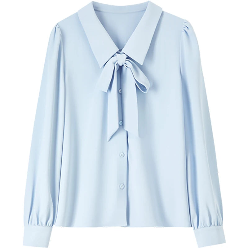 Sentubila Womens Detachable Ribbon Turn Down Collar Long Sleeve Shirt
