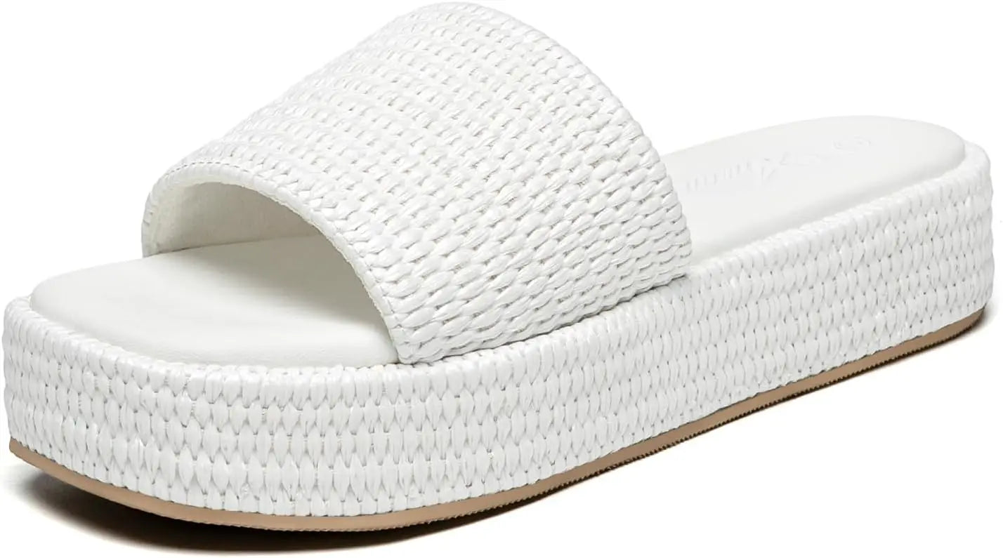 NONECN Women's Platform Raffia Sandals Open Toe Slip On Slides