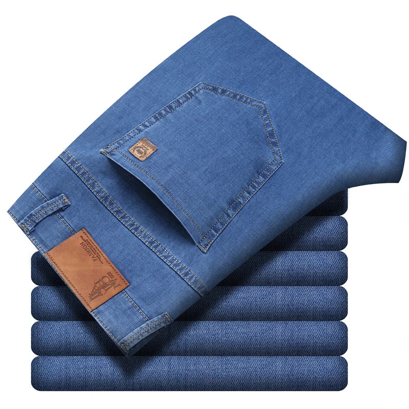 Lyocell Summer Men Jeans Breathable Slim Straight Denim Trousers