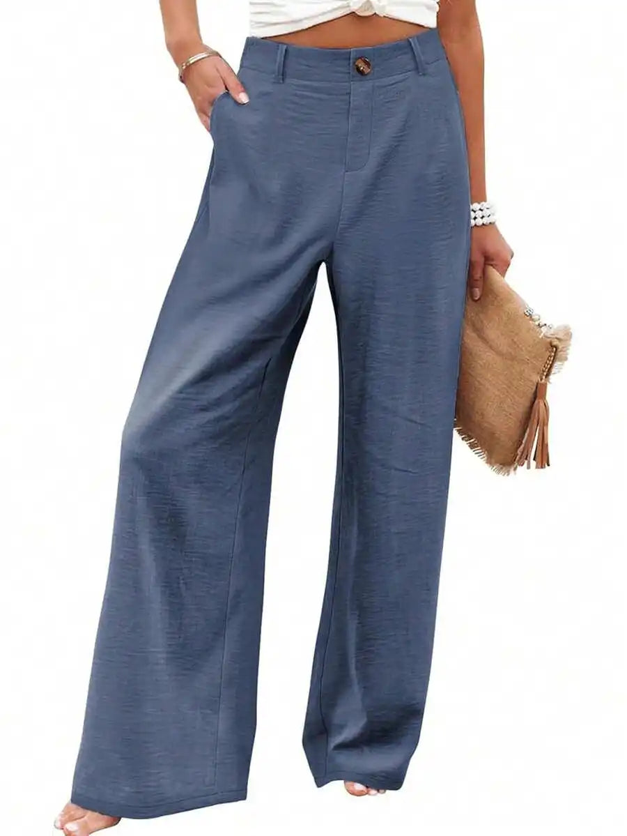 Womens Cotton Linen Wide Leg Trousers High Waist Button Up