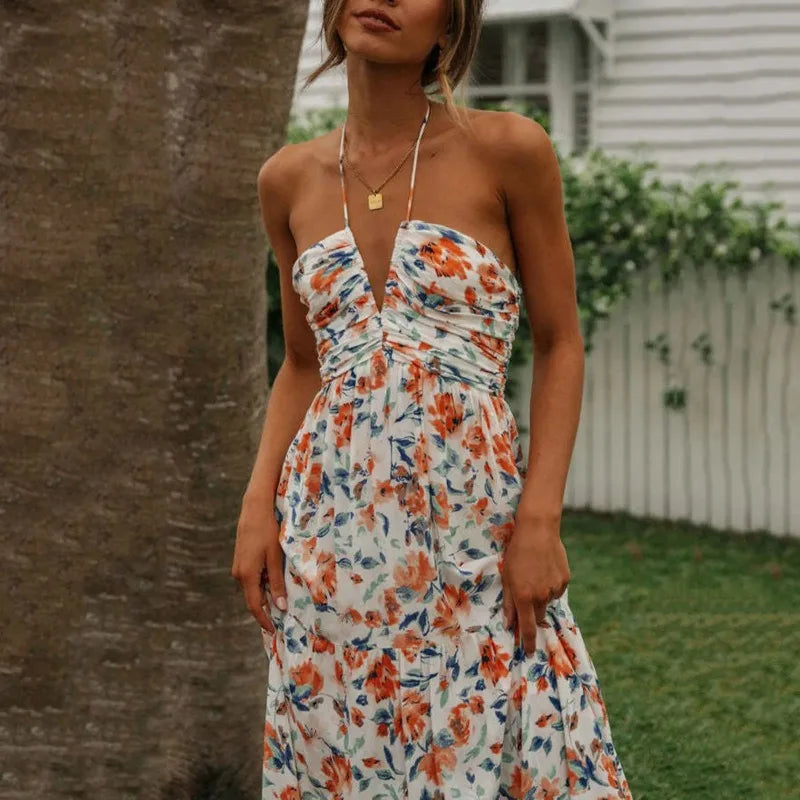 Summer Holiday Maxi Dress Women Spaghetti Strap V Neck