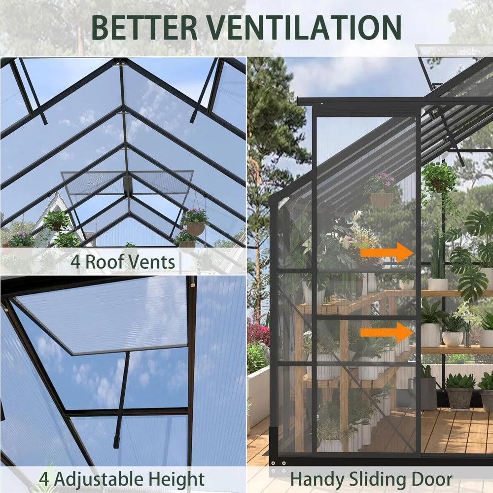 Polycarbonate Greenhouse With Four Adjustable Roof Vents And Walk In Aluminum Frame