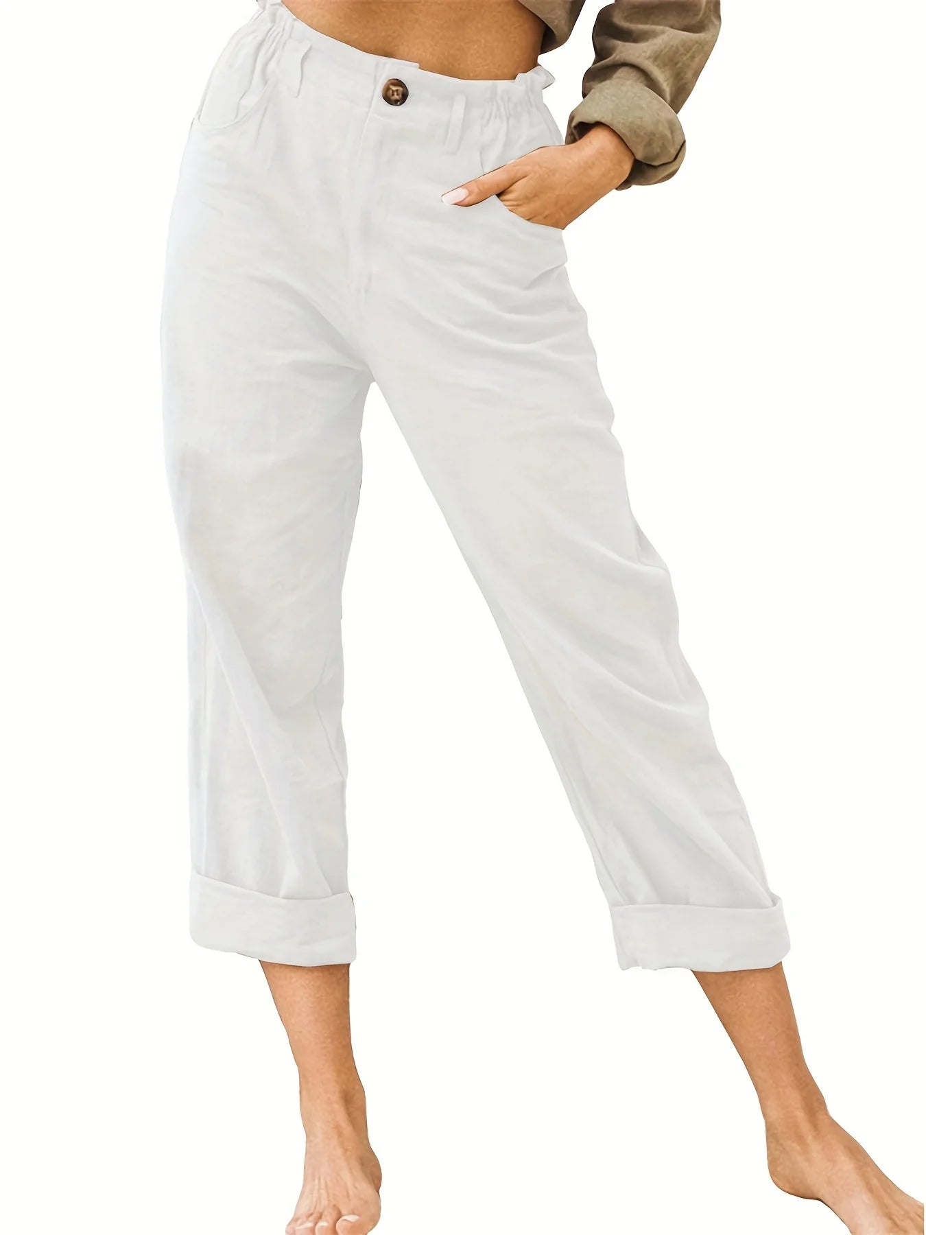 Guangdong Choice Cotton Linen Cropped Pants For Women, Casual Straight