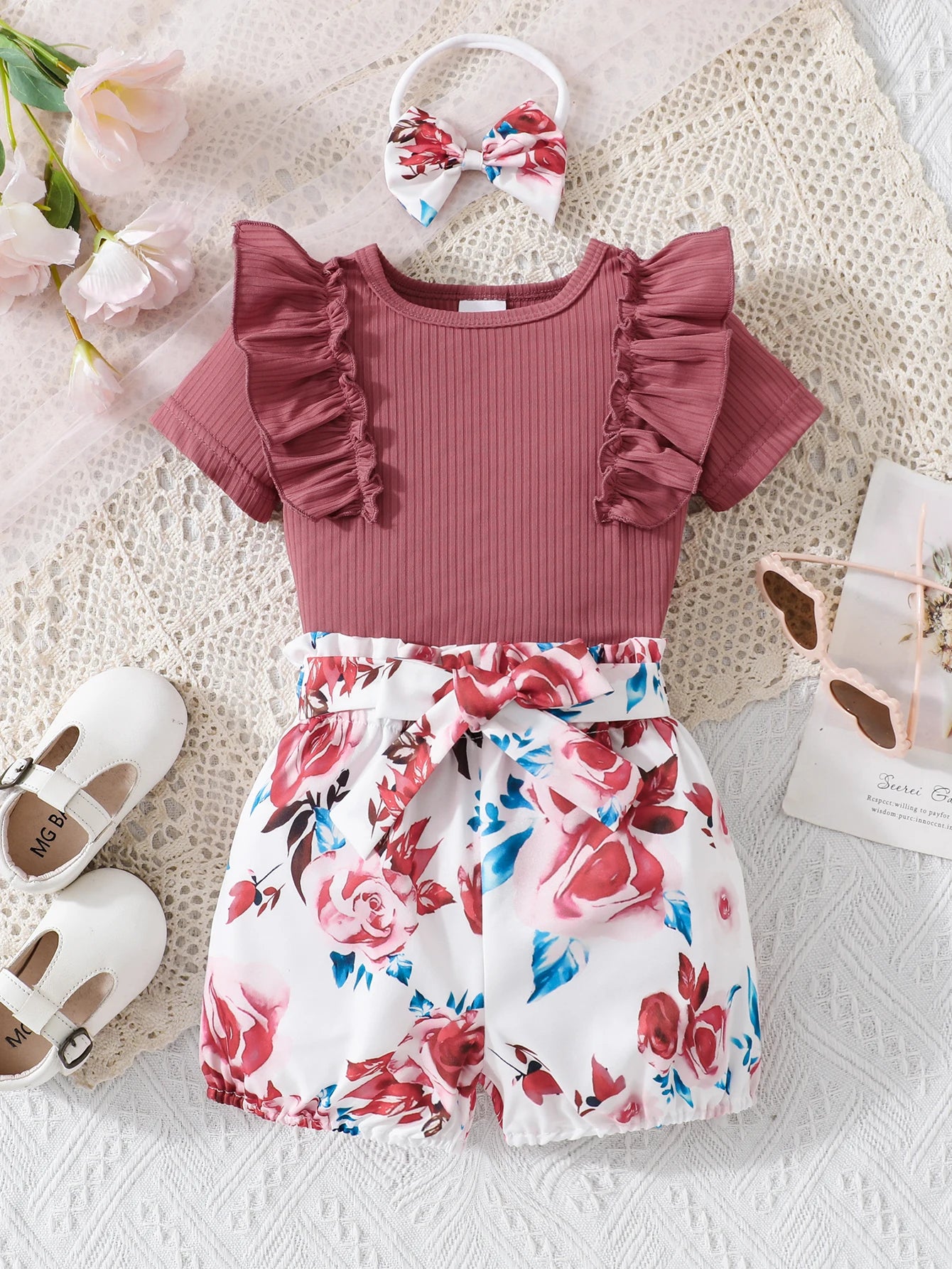 Baby Girls Summer Knit Ruffled Top Floral Shorts Scrunchie Set