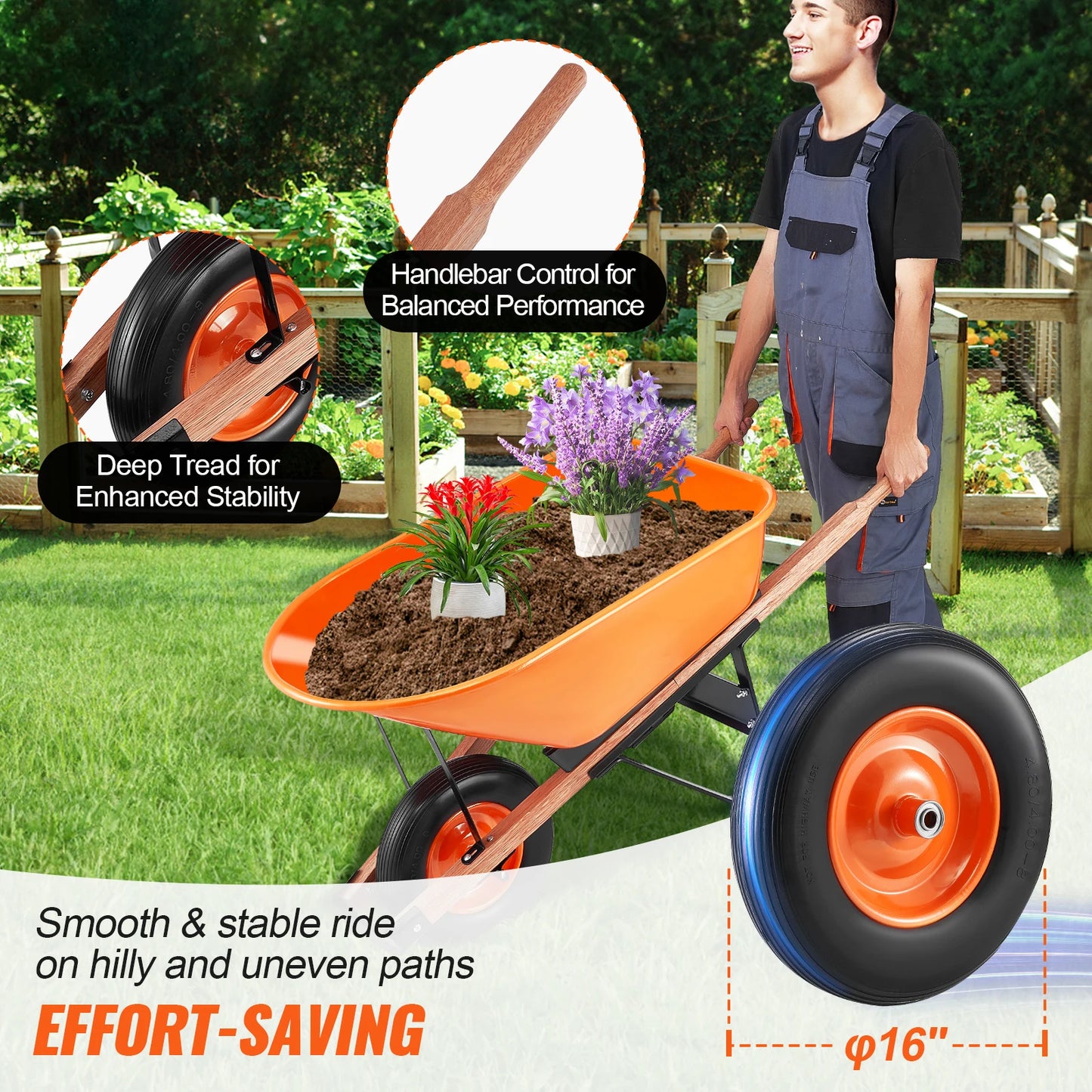 SucceBuy Wheelbarrow Cart 330lbs Capacity One Wheel Garden Dump Cart Wheel Barrow with Handle &  16"  Wide Track Wheels for Farm
