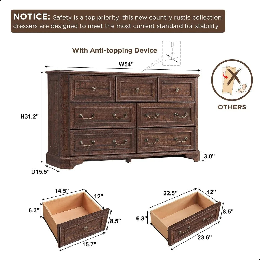 7 Drawer Rustic Wood Farmhouse Dresser Chest Storage