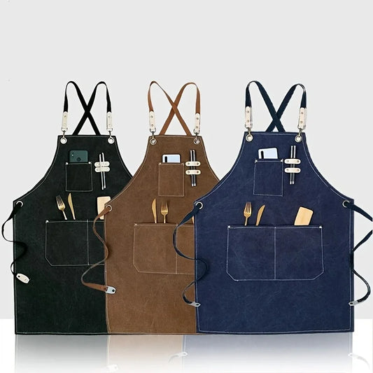 Thickened Waterproof Canvas Apron With Pockets Crossback Adjustable