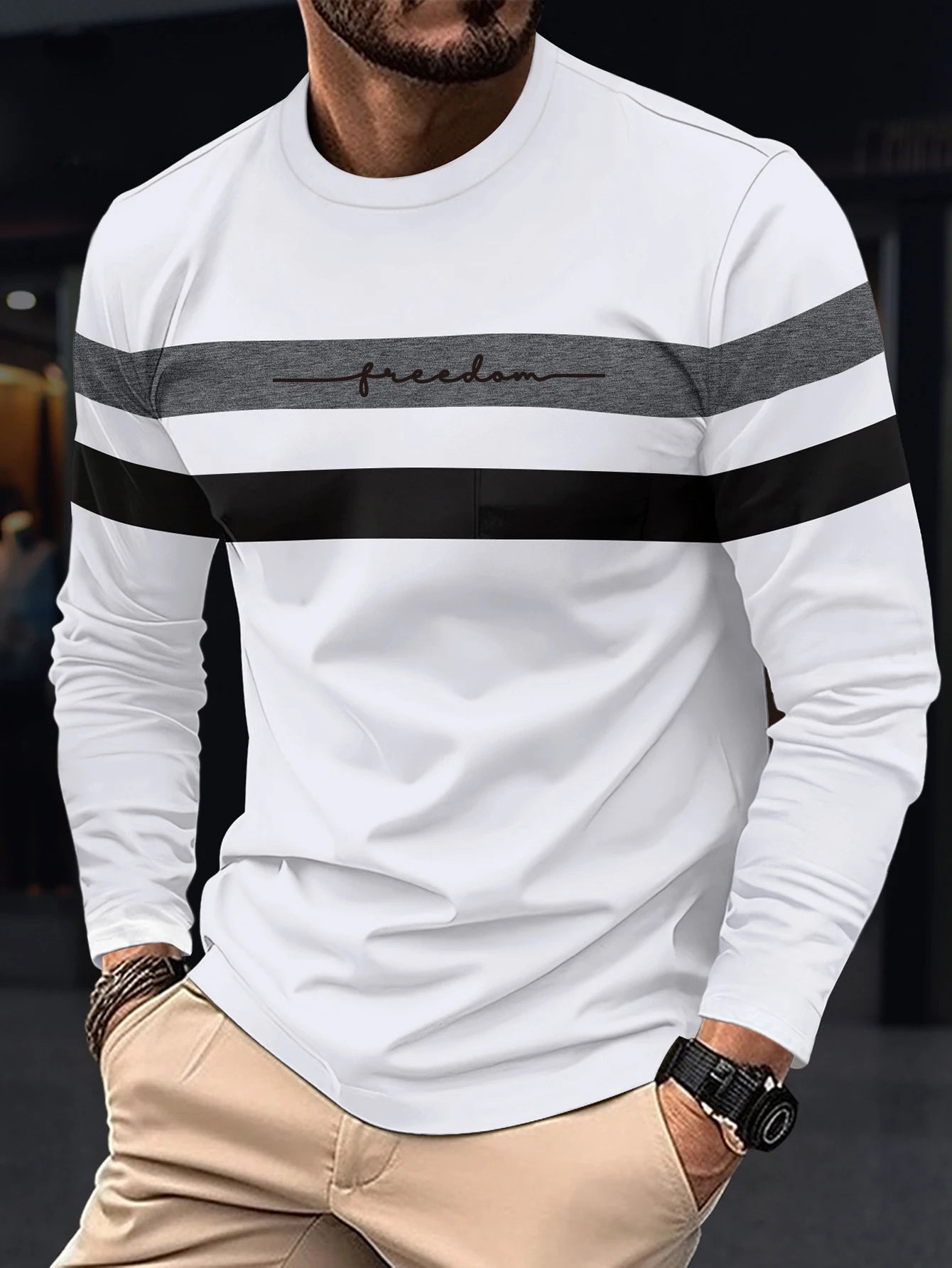 Autumn Mens Oversized Crew Neck Long Sleeve Stripe T Shirt