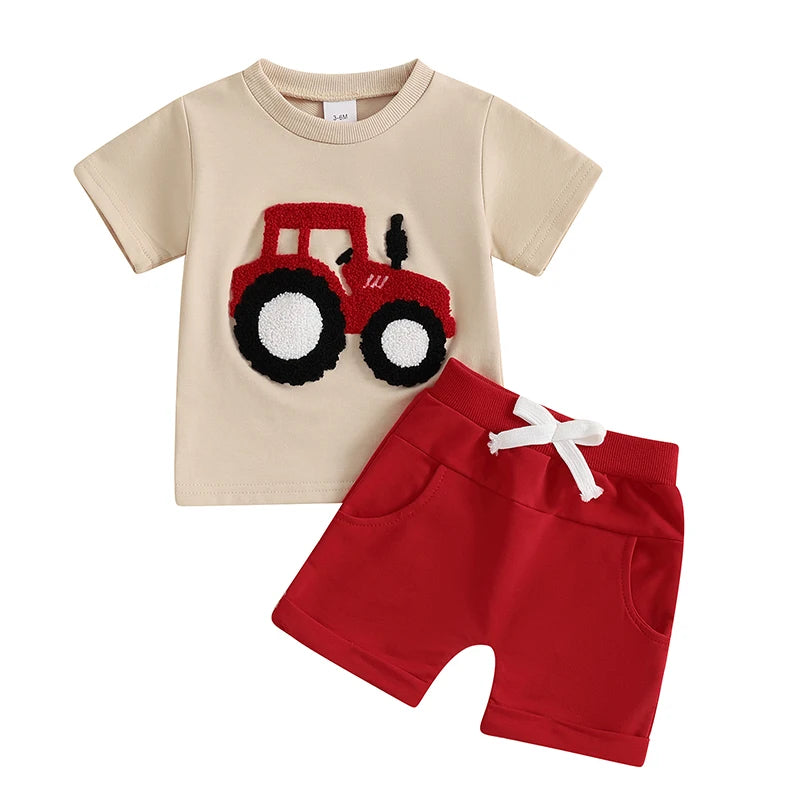 Lioraitiin Toddler Boys Summer Outfit Truck Embroidered Set