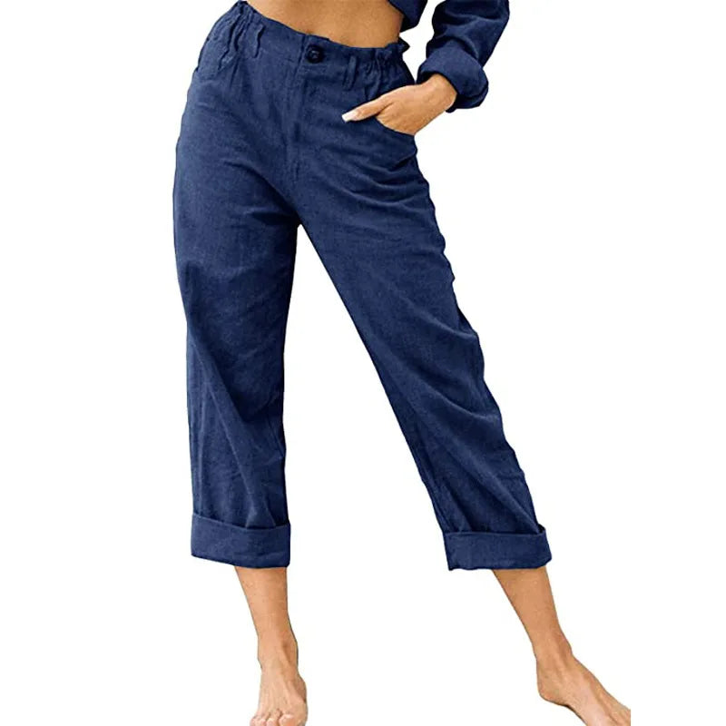 Guangdong Choice Cotton Linen Cropped Pants For Women, Casual Straight