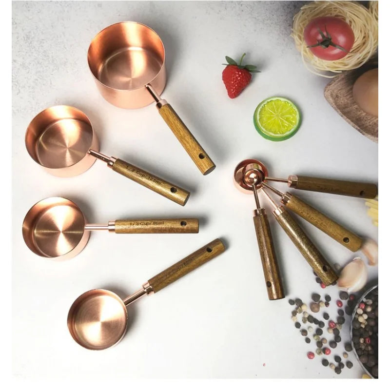 Stainless Steel Measuring Cups And Spoons Set With Wood Handle