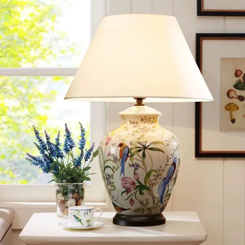 Ceramic Flower Bird Desk Lamp LED For Bedroom Living Room