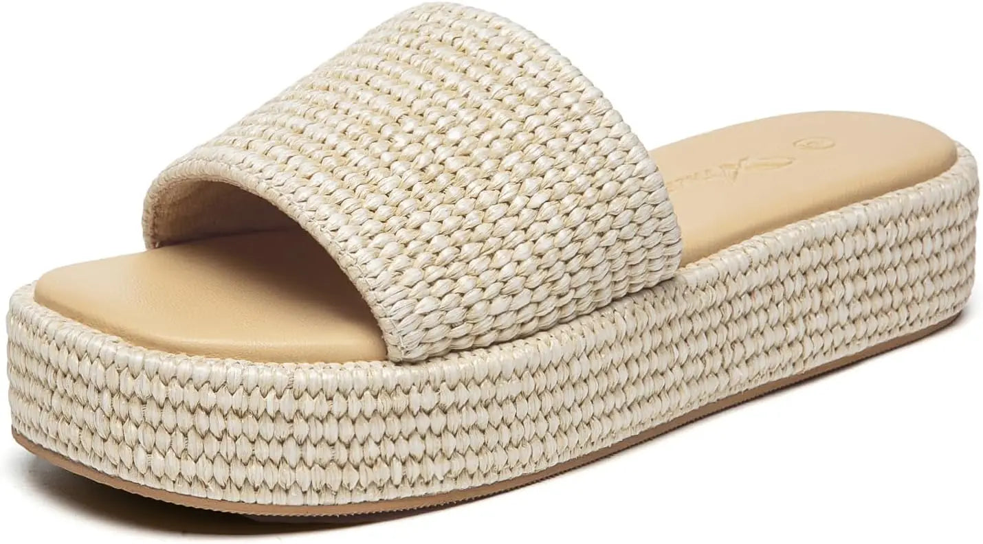 NONECN Women's Platform Raffia Sandals Open Toe Slip On Slides