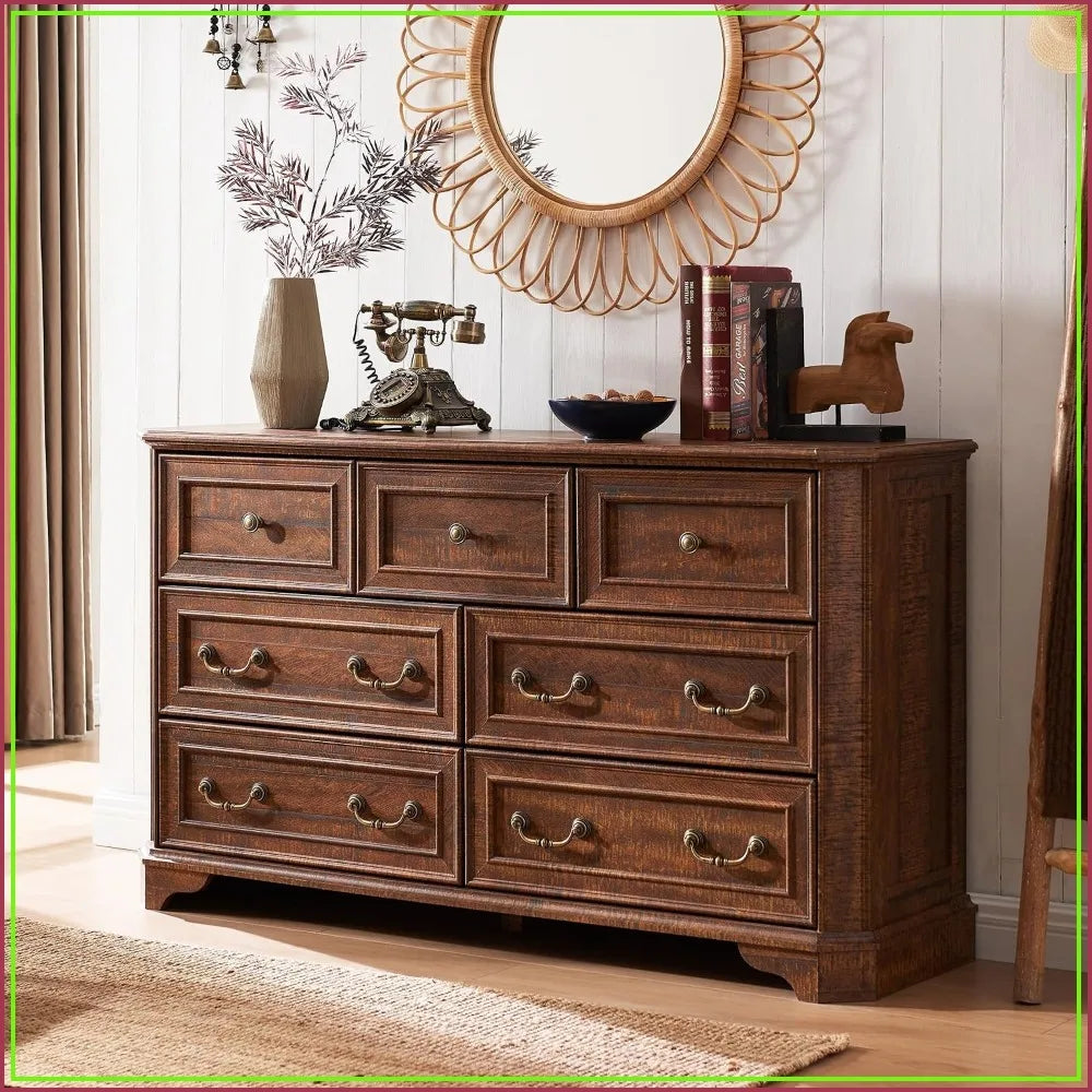 7 Drawer Rustic Wood Farmhouse Dresser Chest Storage