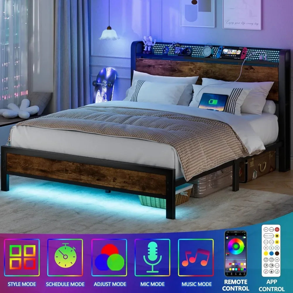 Bed Frame With Charging Station And Led Lights Industrial Platform