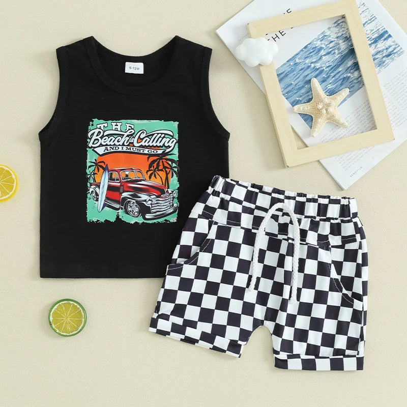 Lioraitiin Toddler Boys Summer Outfit Set Letter Car Print Tank Tops And Shorts