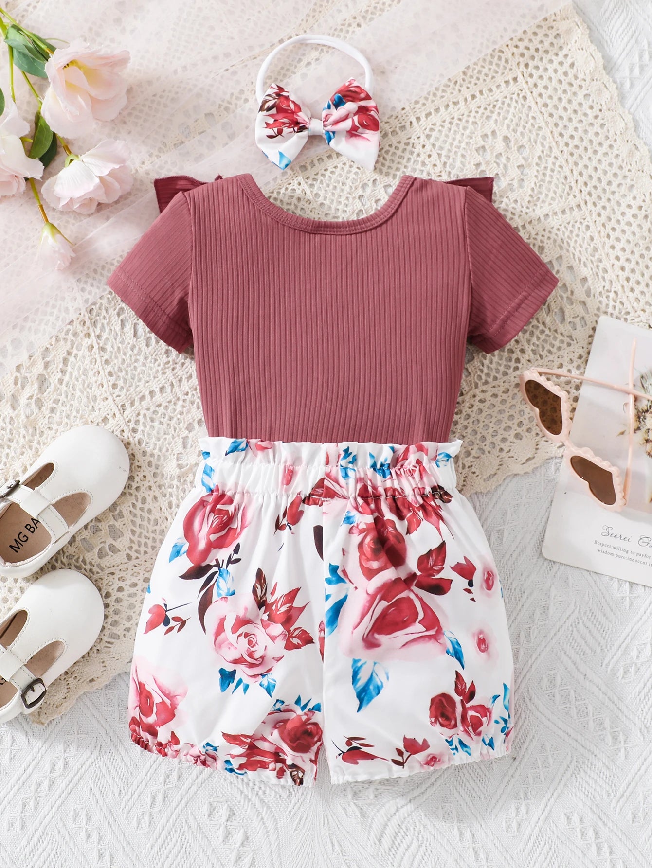Baby Girls Summer Knit Ruffled Top Floral Shorts Scrunchie Set
