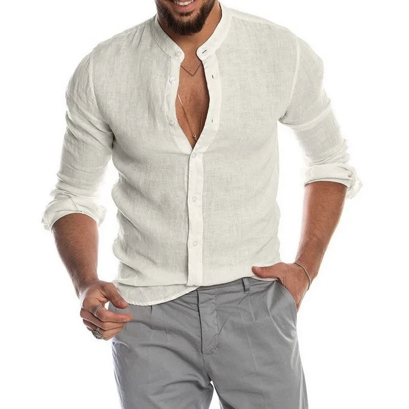 Men's Casual Long Sleeve Cotton Stand Collar Shirt