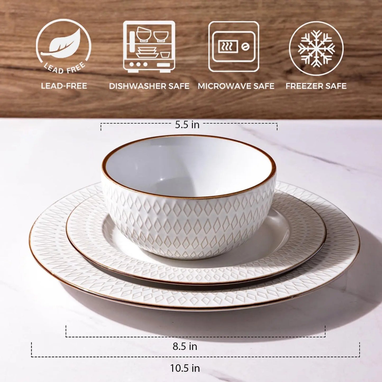 Ceramic Dinnerware Sets 12 Piece Embossed Stoneware Plates and Bowls