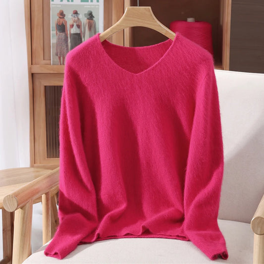Mink Cashmere Women's V-Neck Knit Pullover Sweater