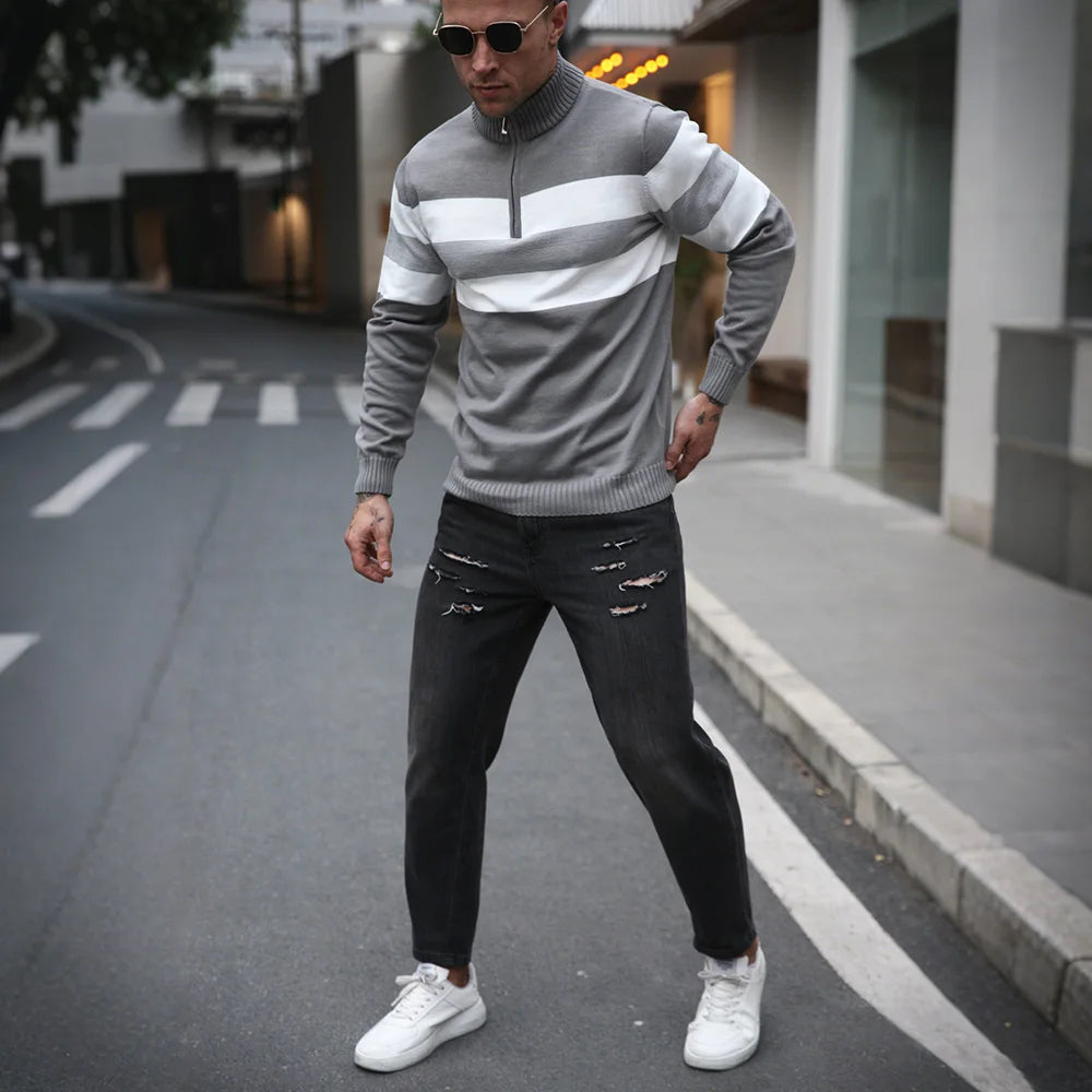NONECN Men's Zipper Mock Neck Pullover Knit Sweater