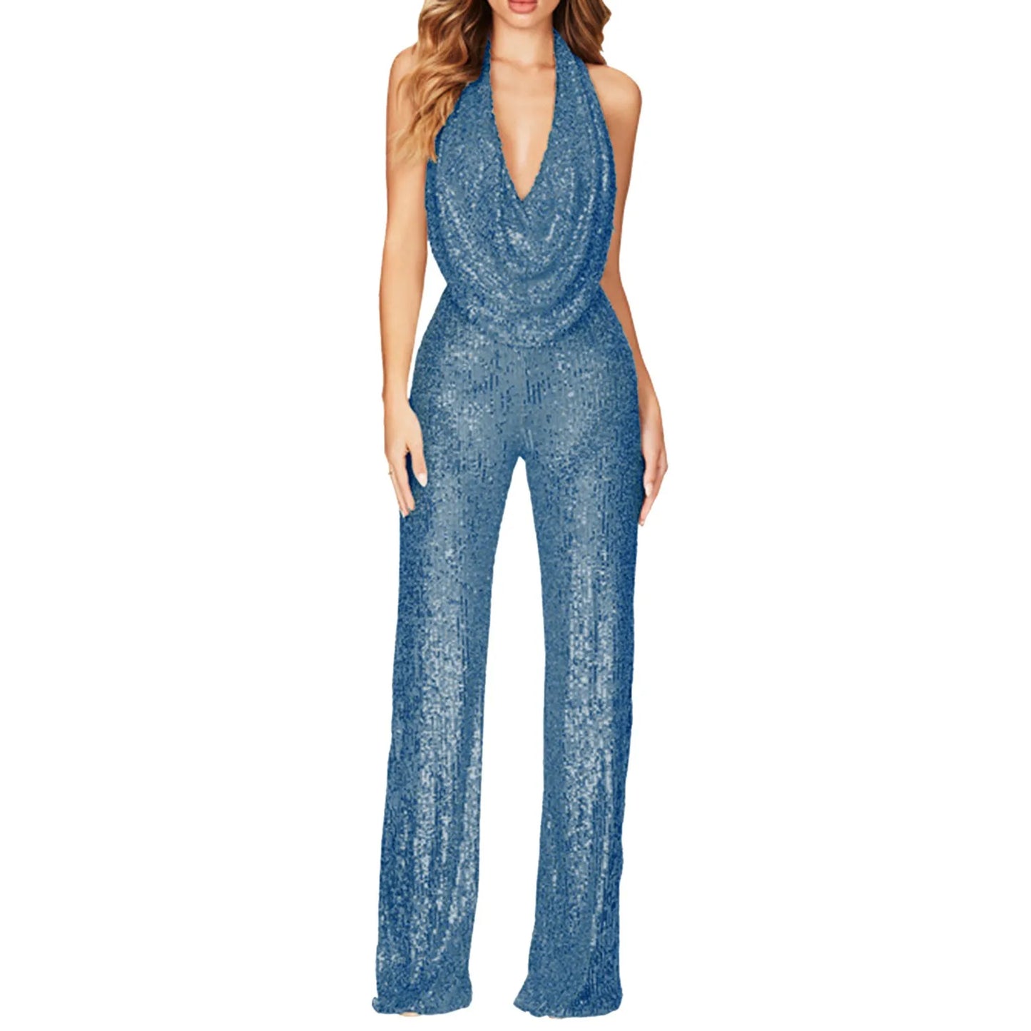 ZOMAXIUJEECN Elegant Women DeepVNeckline Halter WideLeg Crystal Sequined Party Jumpsuit