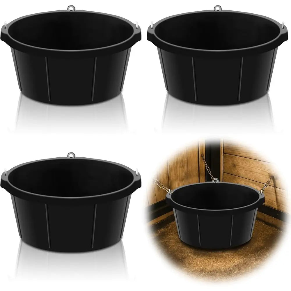3-Pack Rubber Feed Troughs with Hooks, 6.5 Gallon Capacity, 90° Design for Poultry, Goats, and Other Animals