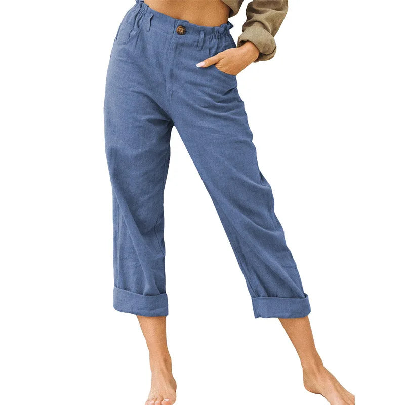 Guangdong Choice Cotton Linen Cropped Pants For Women, Casual Straight
