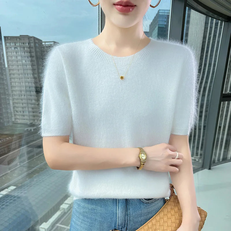 FRSEUCAG Women's Mink Cashmere Knit Sweater O-Neck Short Sleeve Pullover