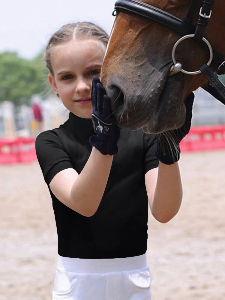 NONECN Equestrian Women Zip Front Horse Riding Top Short Sleeve