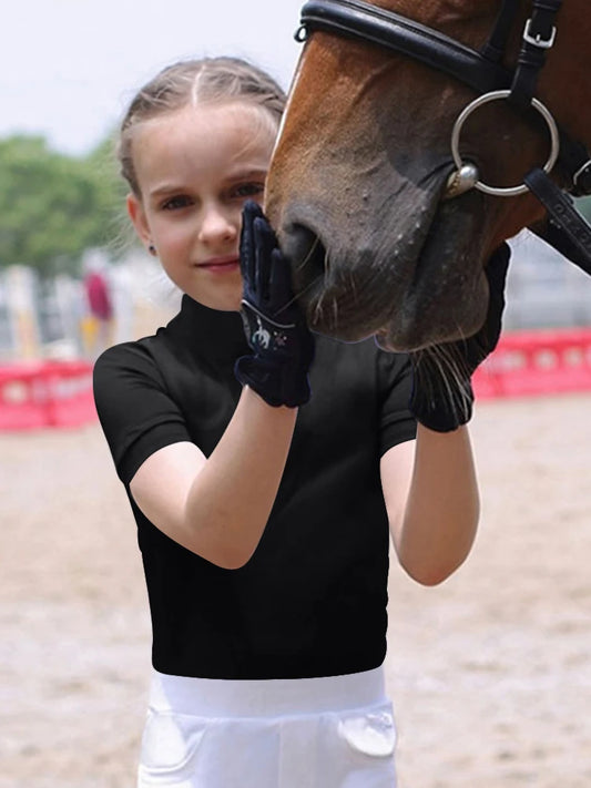 NONECN Equestrian Women Zip Front Horse Riding Top Short Sleeve
