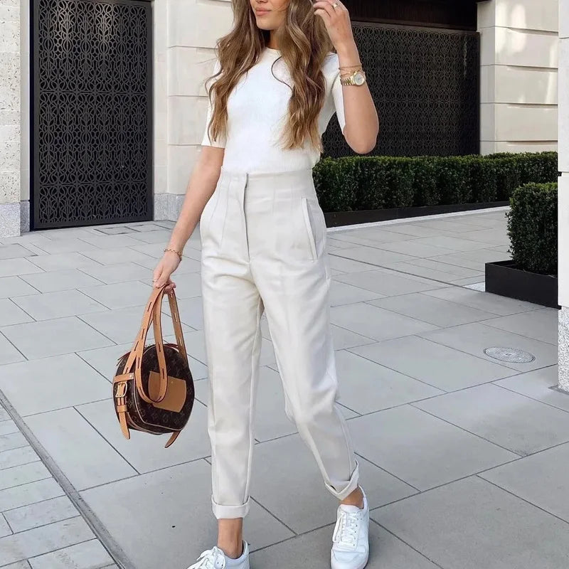 HXAO Womens Pleated High Waist Formal Office Pants Cropped Trousers