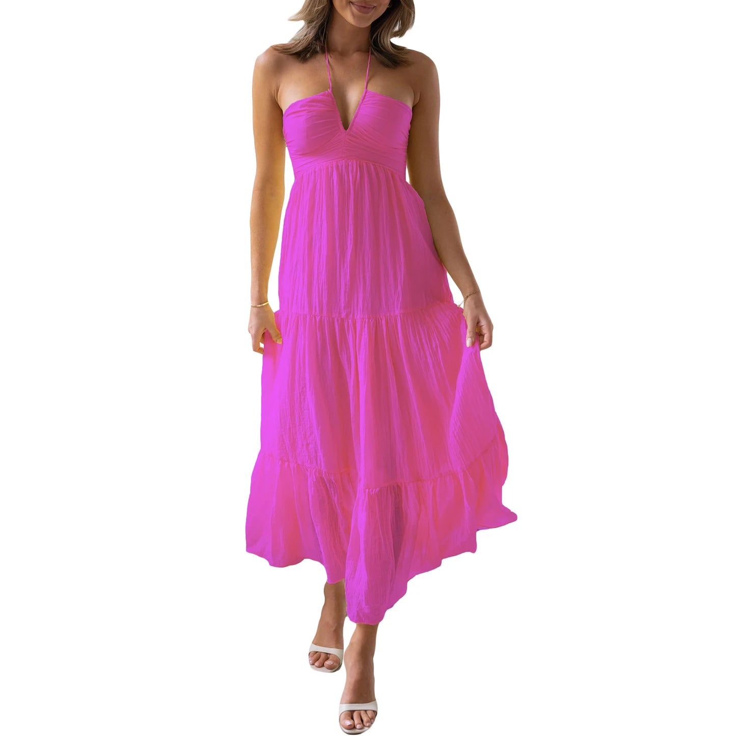 ThefoundCN Women A Line Halter Neck Backless Sleeveless Dress Tie Up Beach